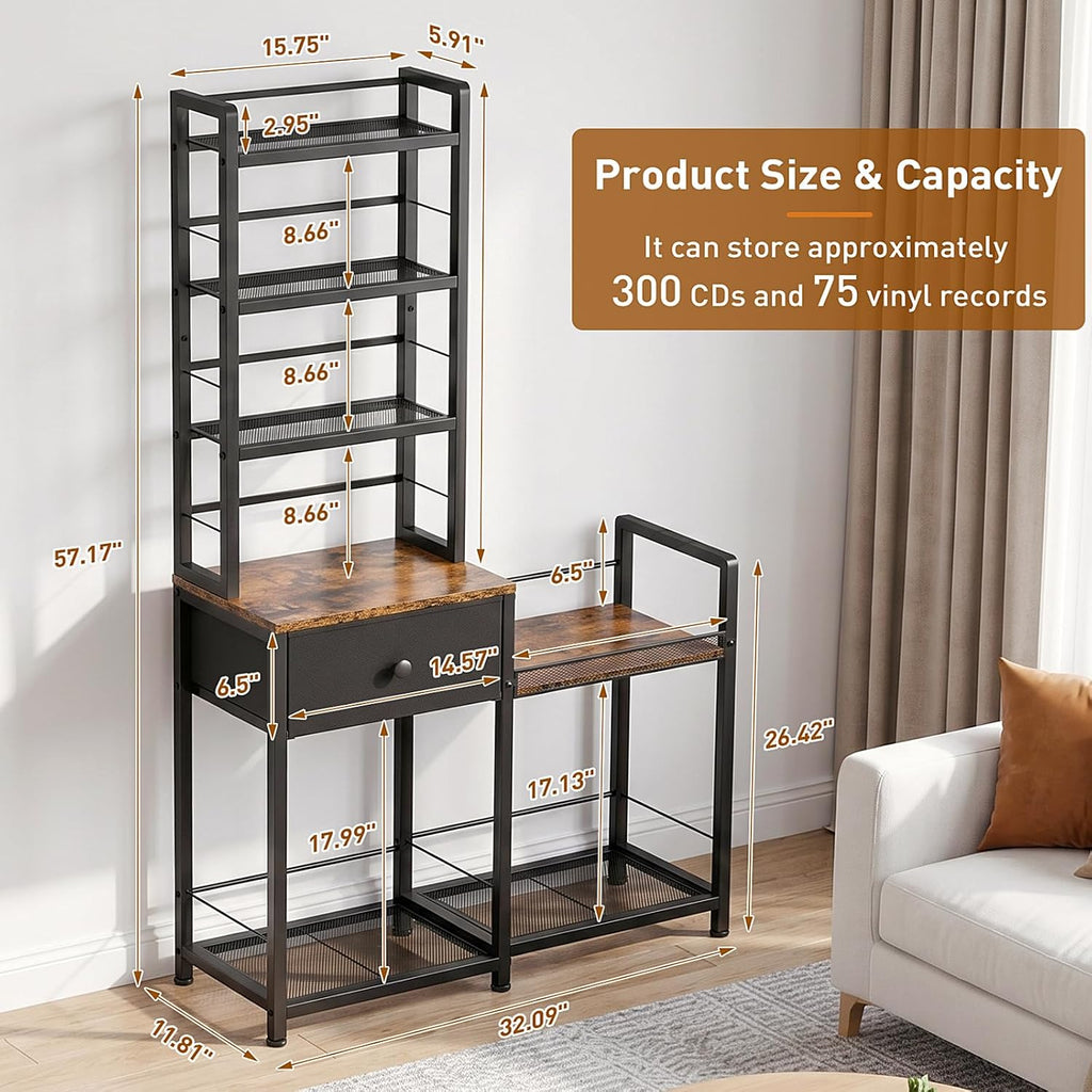 ikkle CD Rack with Drawer, 7-Tier DVD Organizer Shelf with Vinyl Storage