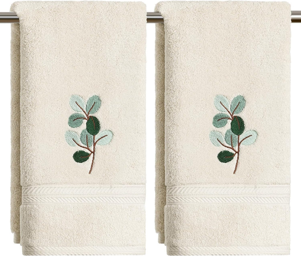 Artoid Mode 2 Pcs Beige Eucalyptus Leaves Embroidered Hand Towels for Bathroom, Cotton Soft Absorbent Farmhouse Decor Towels, 13.7 x 29.5 Inch