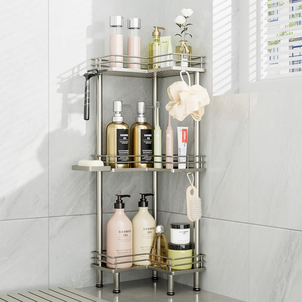 Corner Shower Caddy Standing - 4-Tier Stainless Steel Shower Organizer with Soap Holder and 4 Hooks, Large Capacity Corner Shelf Stand for Bathroom, Rest Room, Black