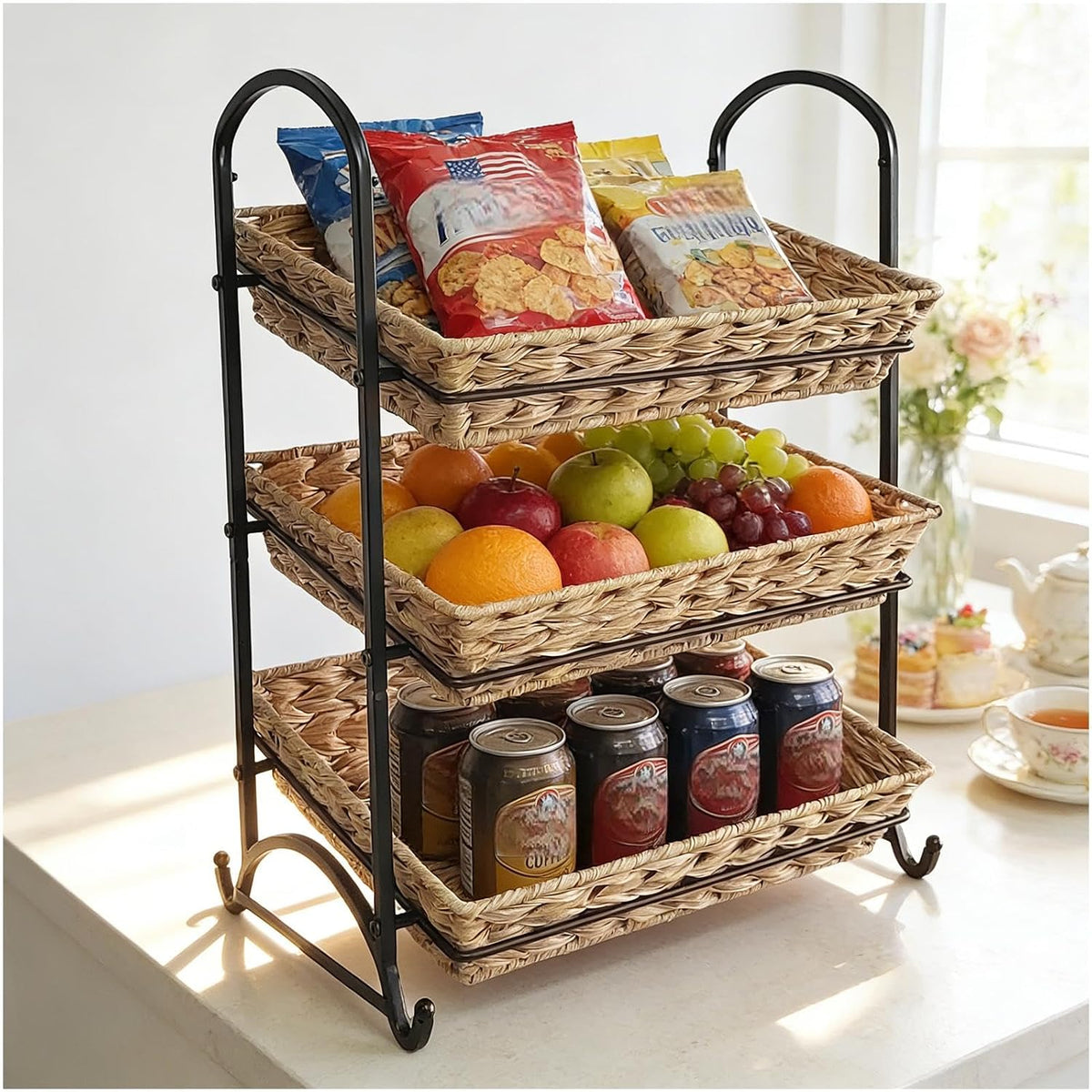 Stackable Candy Display Rack with Canvas Cover|Stackable Candy Organizer|Multi-Function Snack Rack&Shelf for Chips |Perfect Display Solution for Stores (White, Medium)