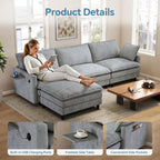 102'' L-Shaped Cloud Couch Sectional Sofa for Living Room, Light Gray