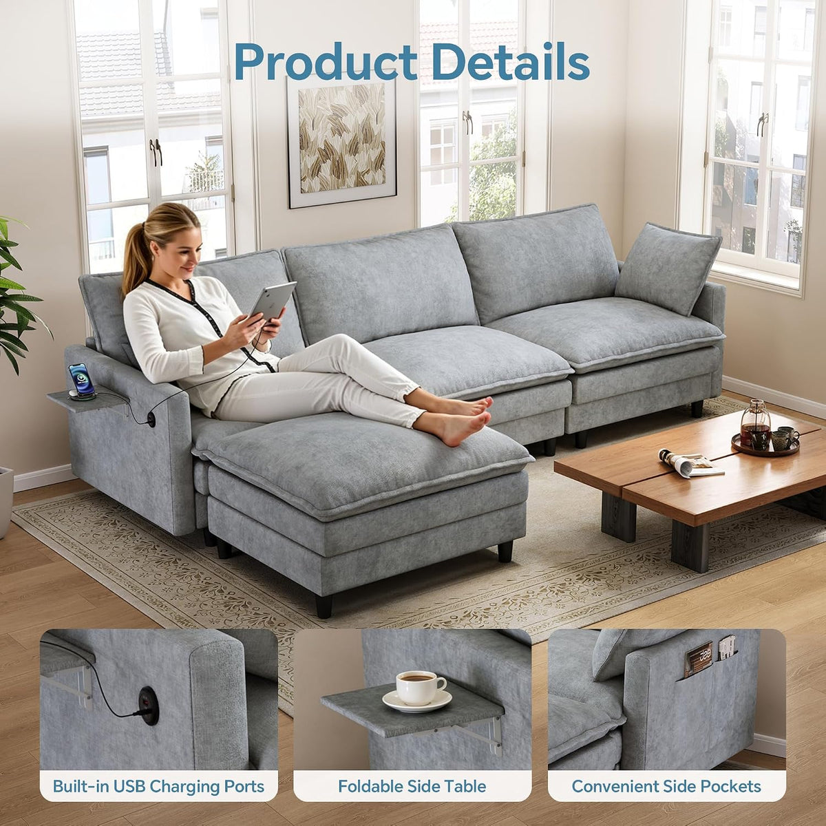102'' L-Shaped Cloud Couch Sectional Sofa for Living Room, Light Gray