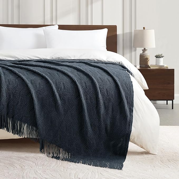 BOURINA Navy Throw Blanket 50x60 Inches Throw Textured Solid Soft Ripple Throws - Image 4