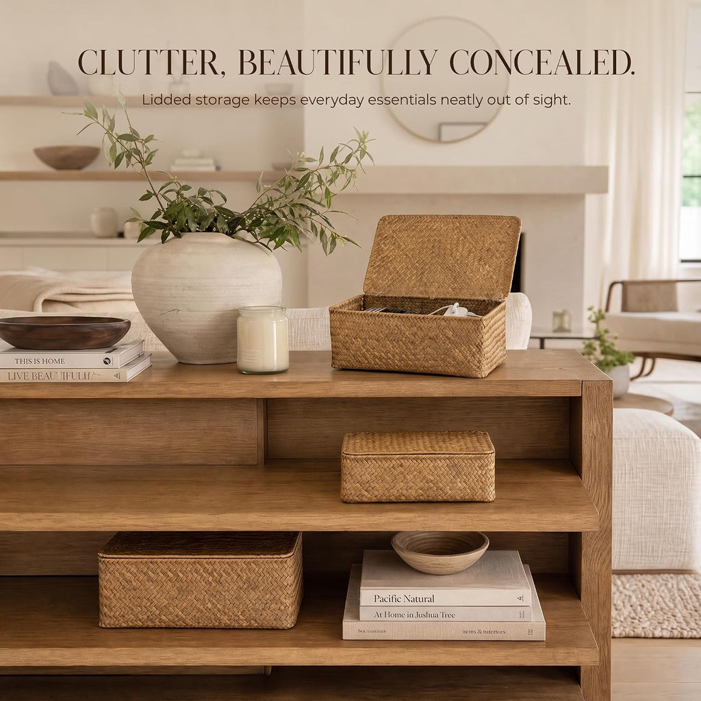 Decorative Wicker Storage Boxes with Lids - Set of 3 Seagrass Organizers