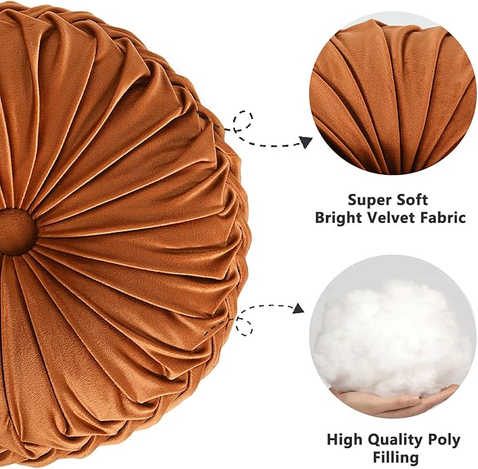 HIG Set of 2 Decorative Round Pleated Throw Pillows, Classy Accent Pumpkin - Image 2