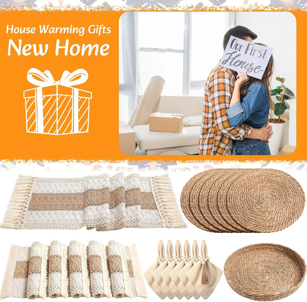 6 Sets Boho Table Runner and Woven Round Placemats Set, Khaki, 12x72