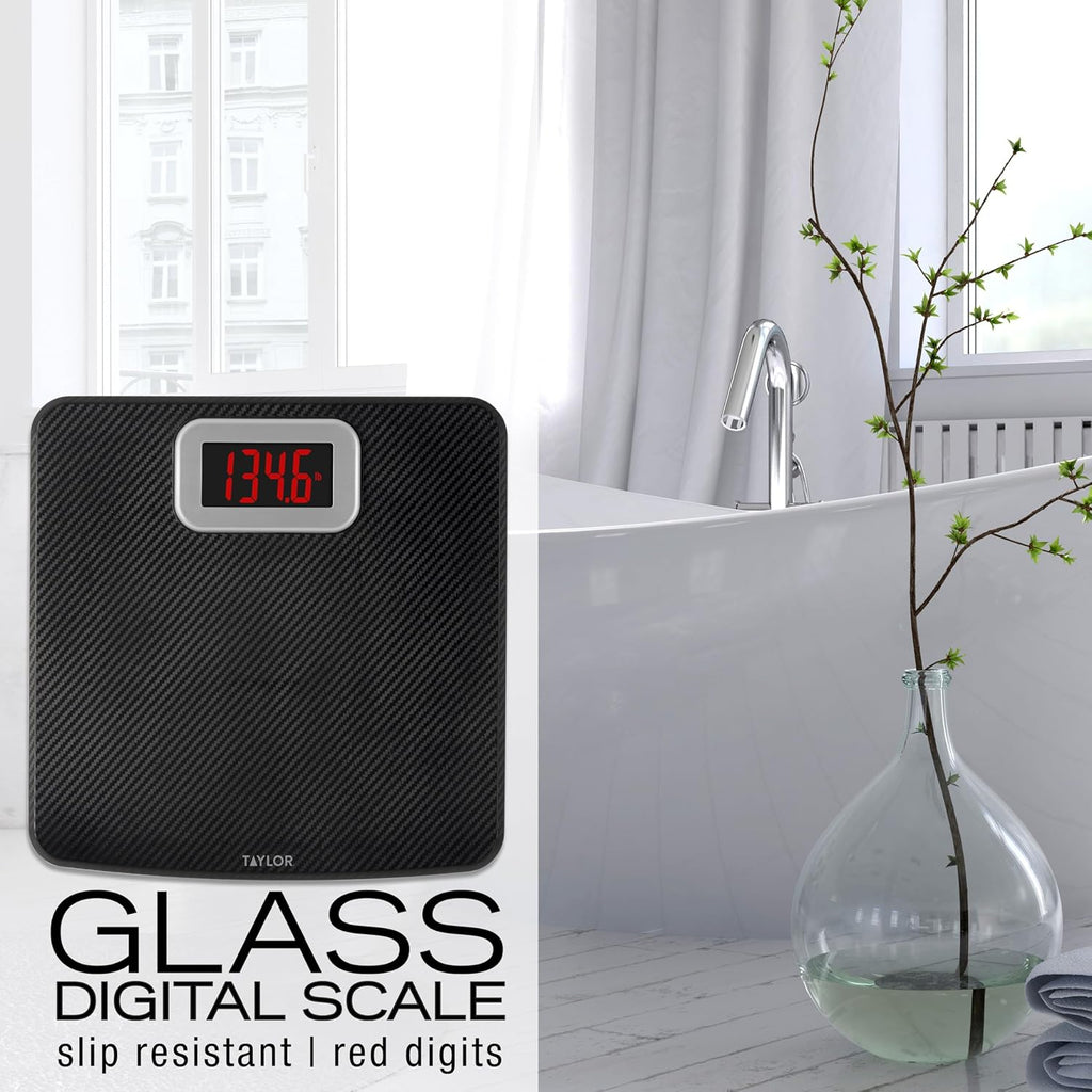 Taylor Digital Bathroom Scale, 440 lb Cap, Red LED, Anti-Slip, Black