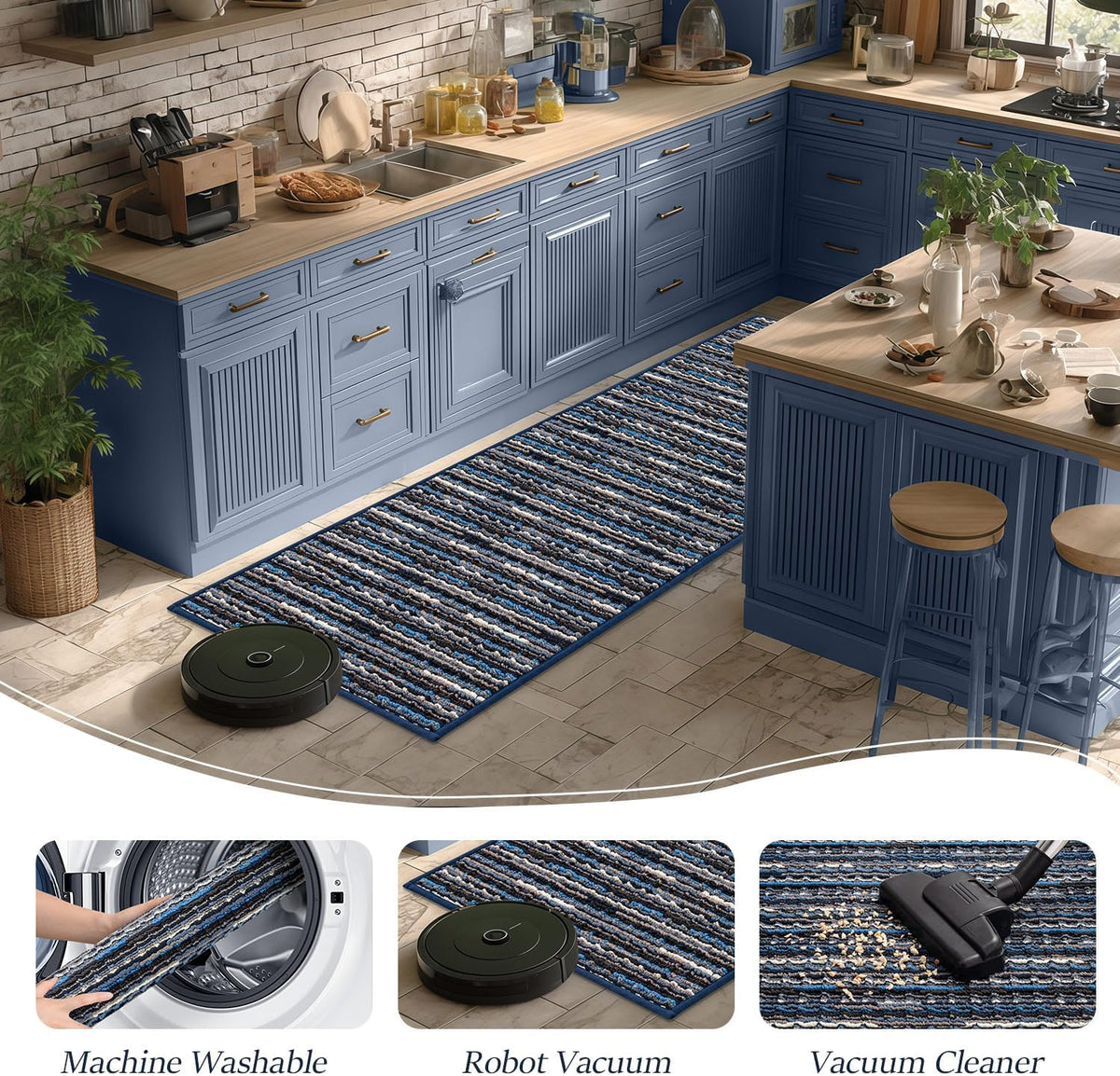 BSICPRO Kitchen Rugs Sets of 2, Non Slip Kitchen Mats for Floor, Navy Blue