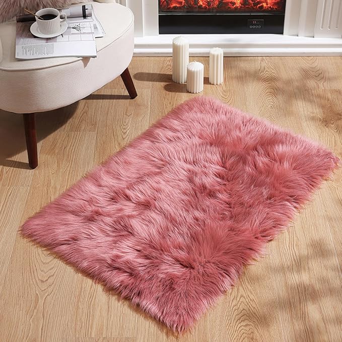 Ashler Faux Fur Rug: Ultra Soft, Fluffy Shaggy 2 x 3 Feet Rectangle, Blush Pink - Image 2