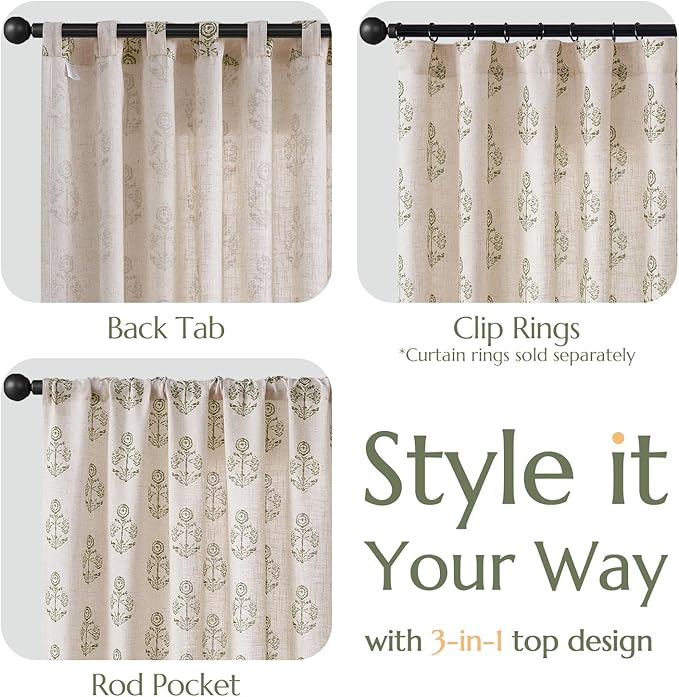 jinchan Linen Floral Curtains for Living Room 84 Inch Length Green Flower - Image 6