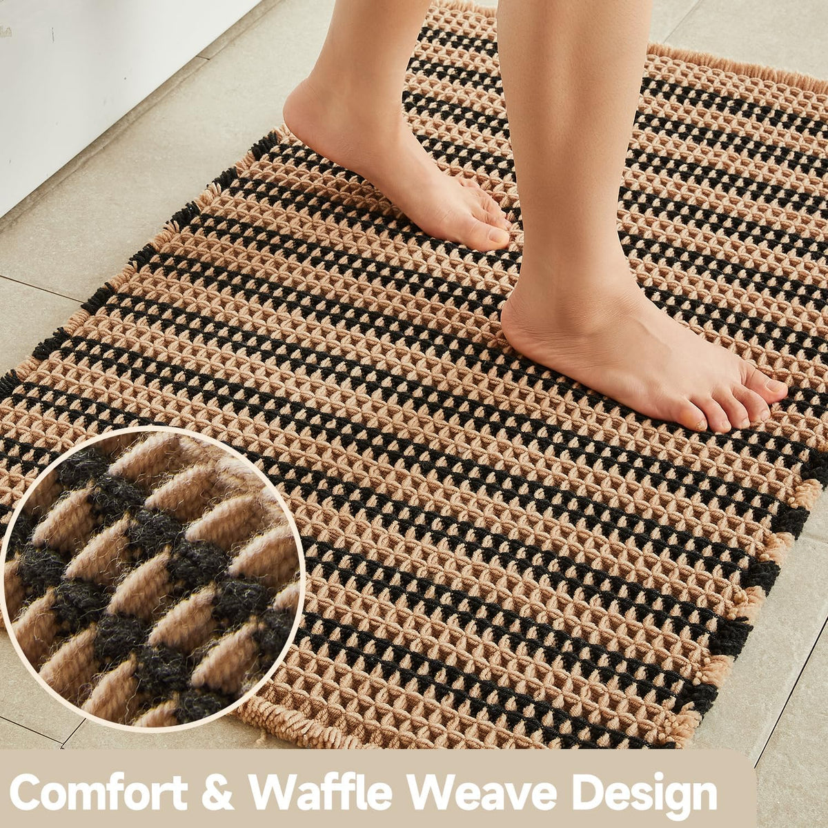 TYUU Waffle Bath Mat, Boho Bathroom Rugs Non Slip, 30x20 Black & Khaki