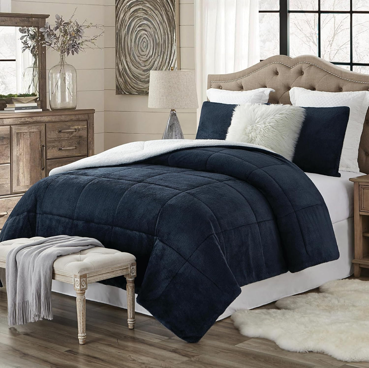 Swift Home Full/Queen Comforter Set, Reversible Faux Fur Sherpa, Navy