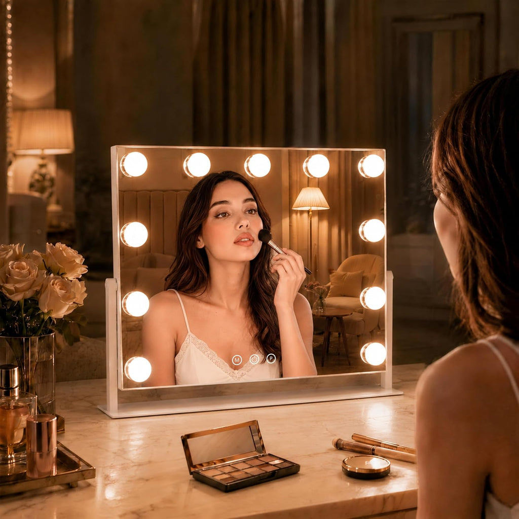 ROLOVE 16 x 12.9 in Hollywood Vanity Mirror with Lights, Tabletop Lighted Makeup Mirror, 11 Dimmable LED Bulbs, 3 Color Lights, Detachable 10X Magnifying Mirror, White, for Desk, Bedroom & Dorm