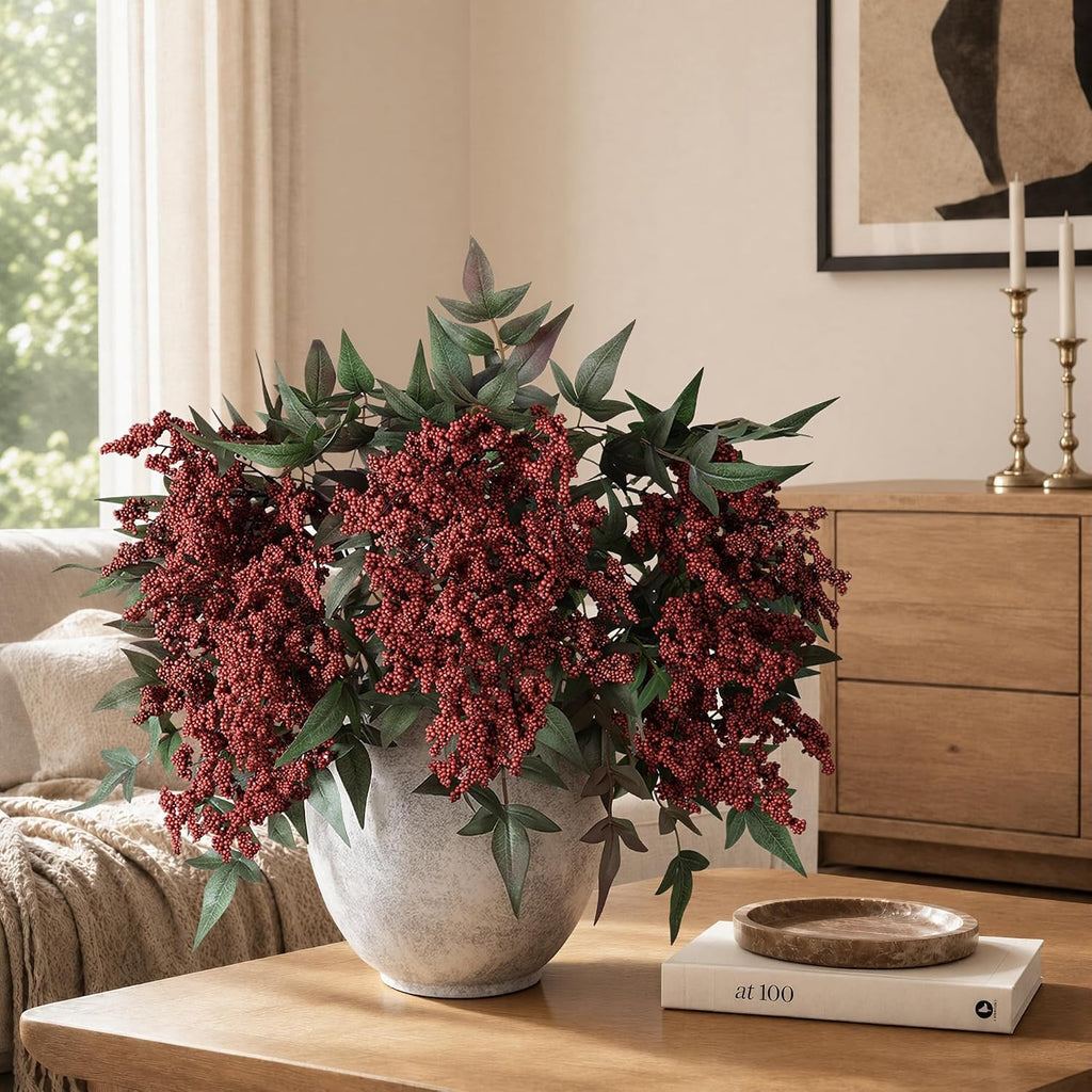 Artificial Flowers 35 Inch Artificial Nandina Berry Stem 3 Pcs Faux Flowers for Vase Realistic Sedum Spray for DIY Bouquet, Shower, Farmhouse, Mantel, Home Decor(Burgundy)
