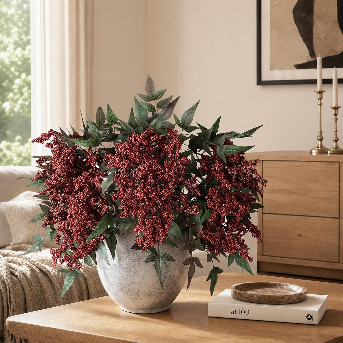 Artificial Flowers 35 Inch Artificial Nandina Berry Stem 3 Pcs Faux Flowers for Vase Realistic Sedum Spray for DIY Bouquet, Shower, Farmhouse, Mantel, Home Decor(Burgundy)