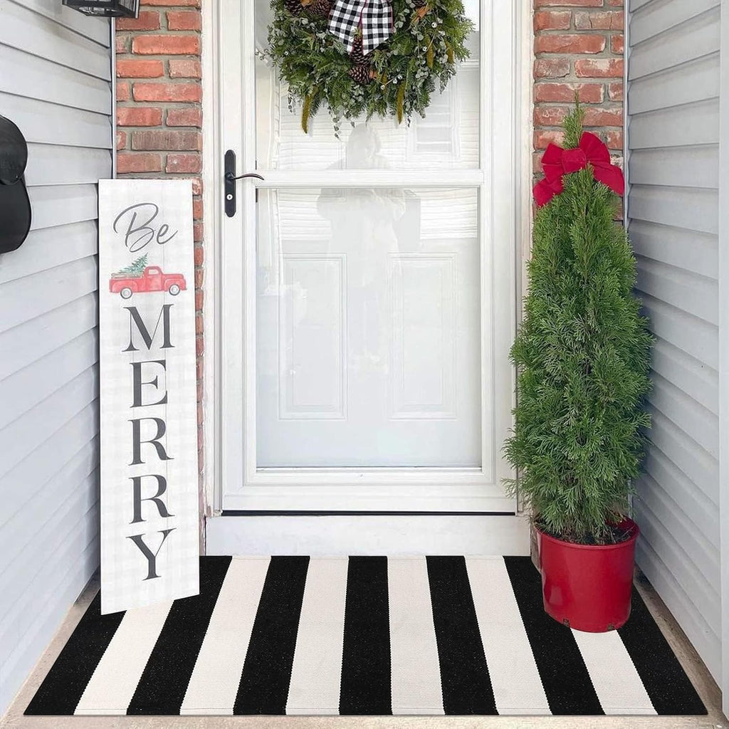 LEEVAN 2x4.3 Small Black and White Striped Layered Woven Outdoor Door Mats