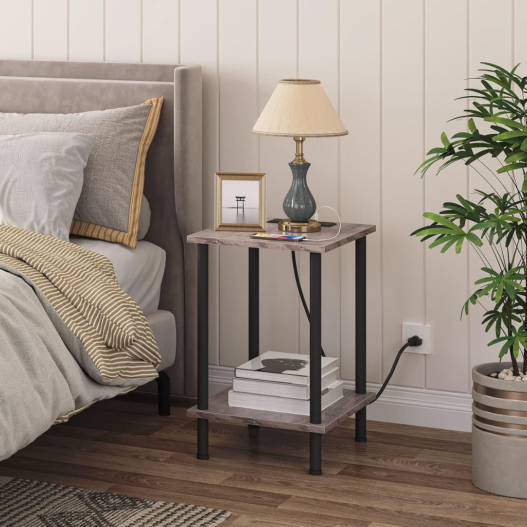 HOOBRO Side Table with Charging Station, Small End Table, Nightstand