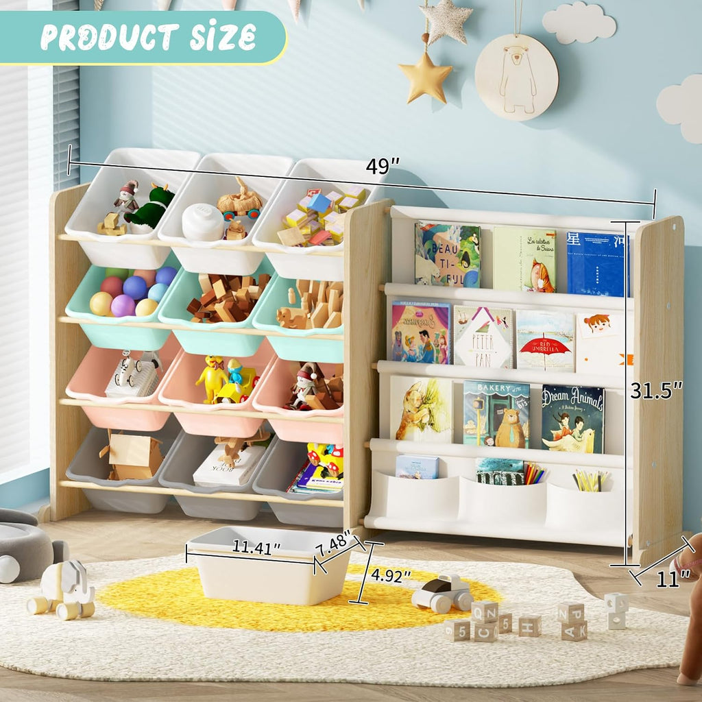Kids Toy Storage Organizer with Bookshelf - 12 Multi-Color Bins and 4 Book Shelves, Organizers and Storage for Playroom, Nursery, Room, Burlywood