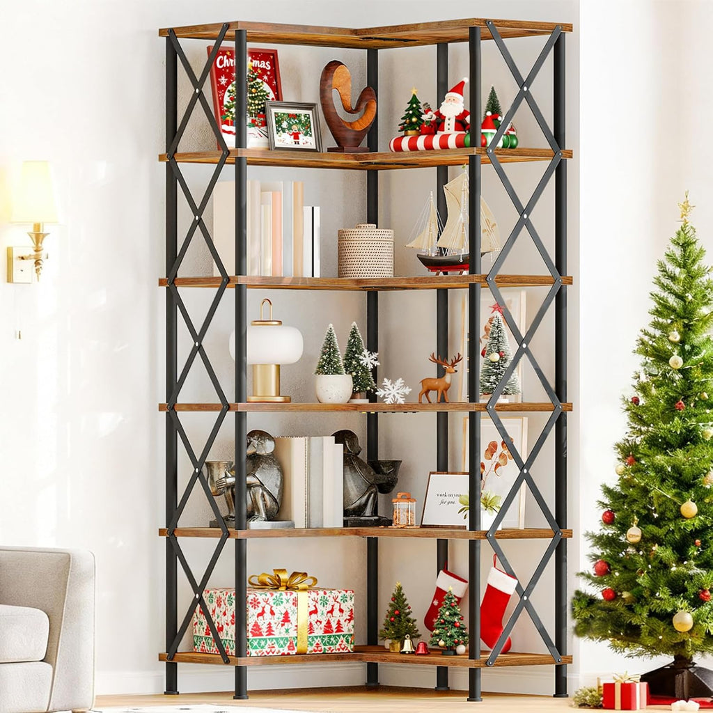 HOOBRO Corner Bookshelf, 6-Tier L-Shaped Bookcase, Industrial Open Display Shelf Tall Storage Organizer, Vertical Storage Rack, for Living Room, Home Office, Rustic Brown and Black BF61SJ01