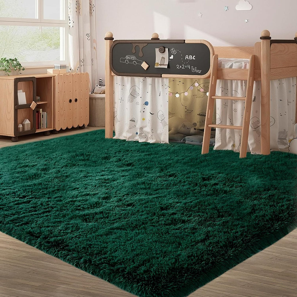 Fluffy Green Rug for Bedroom 3x5 - Soft Plush Bedside Carpet Decor