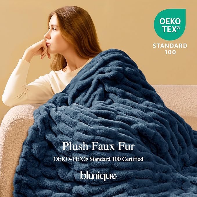 Ultra Soft Cozy Faux Fur Throw Blanket, Fuzzy Plush Thick Bubble Blanket - Image 2
