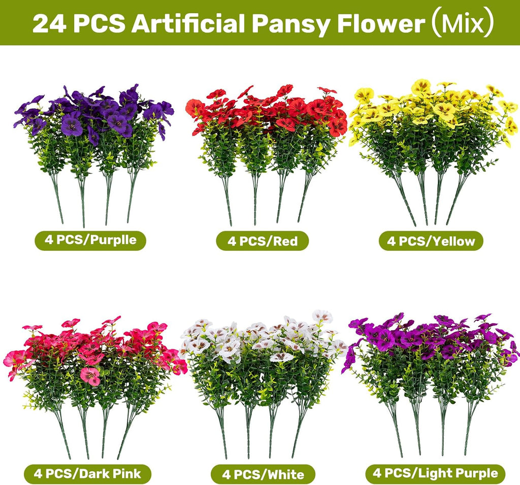 24 Bundles Artificial Fake Flowers Plants for Outdoor Decoration(6 Color)