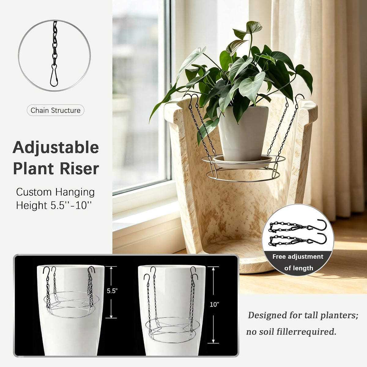 2 Pack Adjustable Planter Insert for Large Pots, 10–18 Inch Stainless Steel Pot Riser with Chains and S-Hooks, Soil Saver Plant Stand for Tall Planters, Indoor Outdoor Decor
