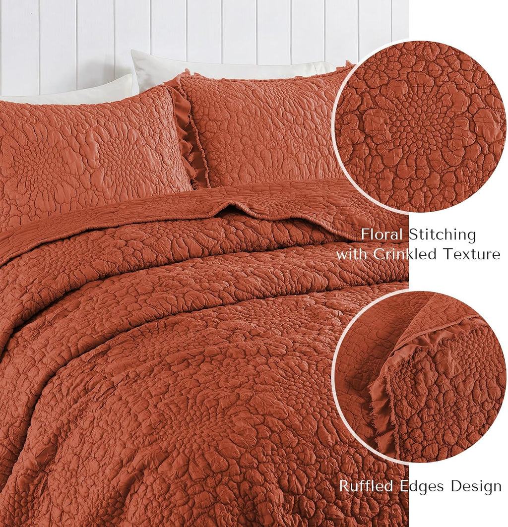HORIMOTE HOME Shabby Chic Quilt Set Queen Size, Burnt Orange, 90x96 inches