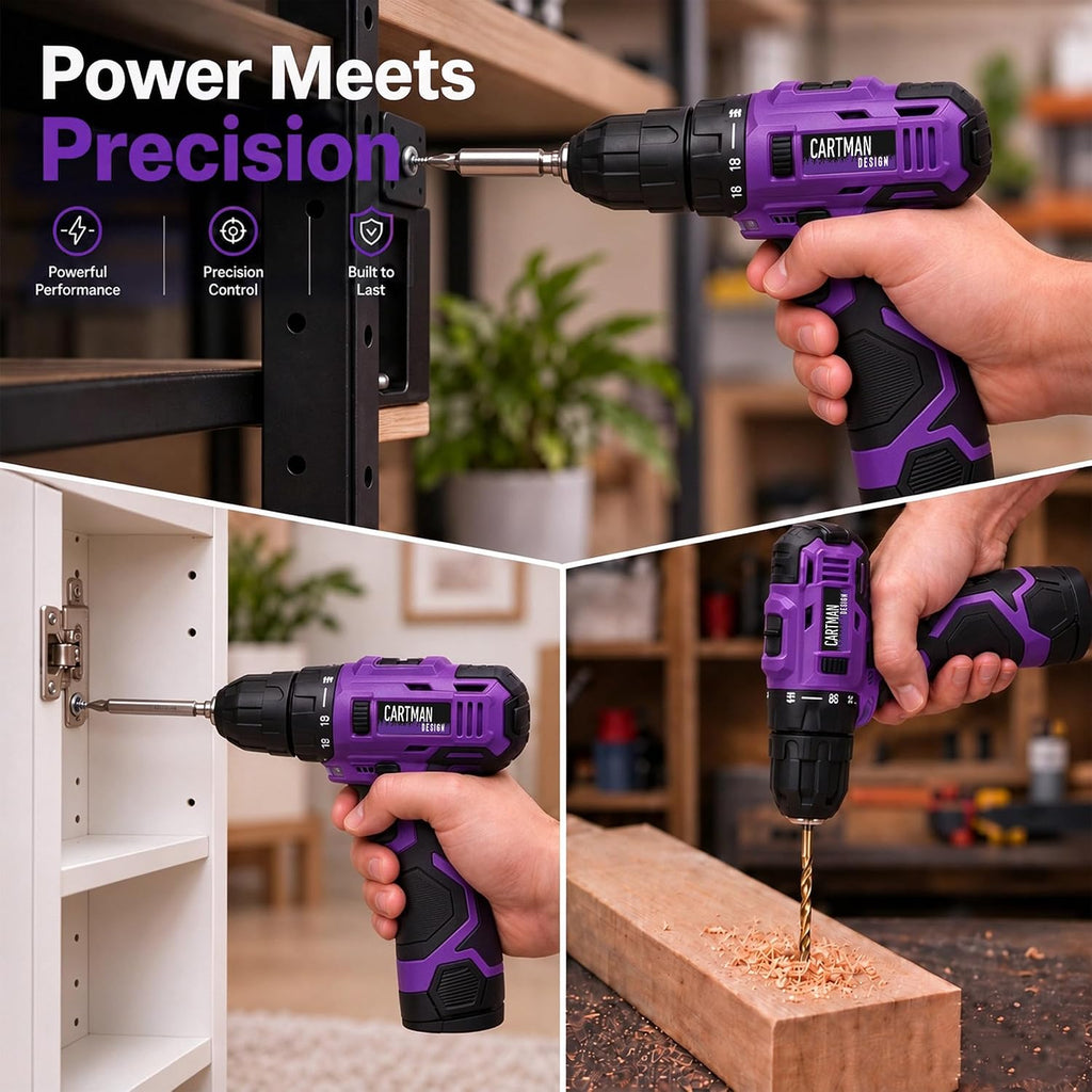CARTMAN 260-Piece Tool Set With 12V Cordless Drill, Purple Drawer Tool Box