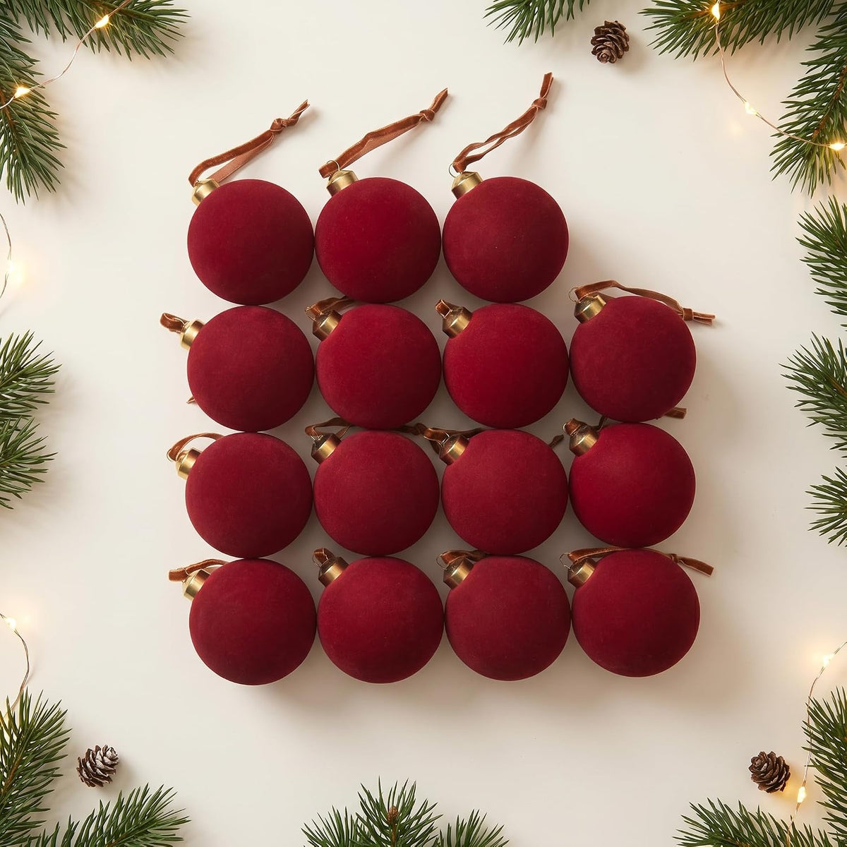 15 Pcs Burgundy Red Velvet Christmas Decorations Balls, 2.65 Inch Christmas Ornaments for Xmas Tree Decor, Dark Red Flocked Ball for Family Holiday Party Valentines Hanging Decoration