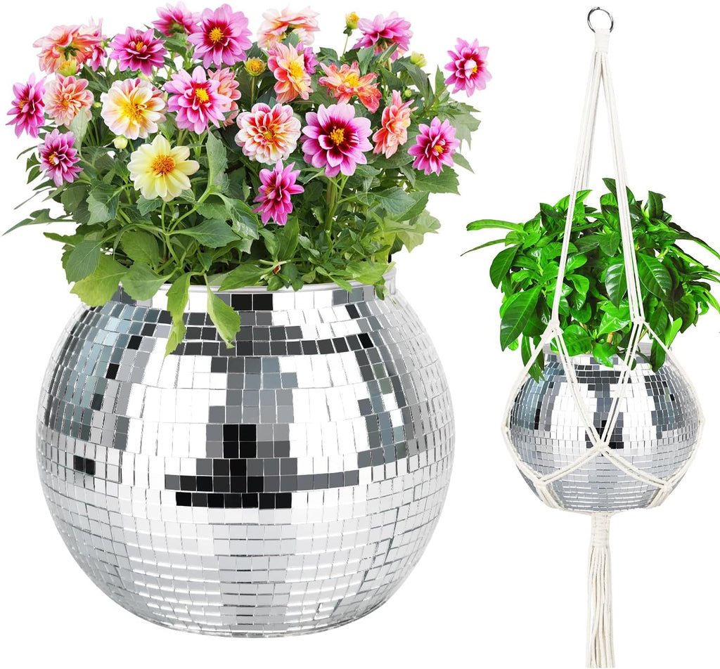 9” Silver Disco Ball Planter with Hanging Rope, Hook