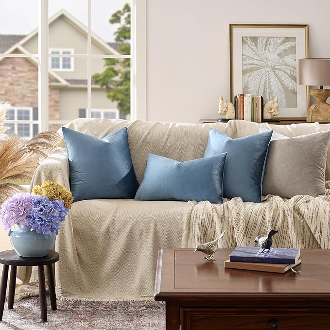GIGIZAZA Stone Blue Velvet Decorative Throw Pillow Covers 18x18 - Image 2