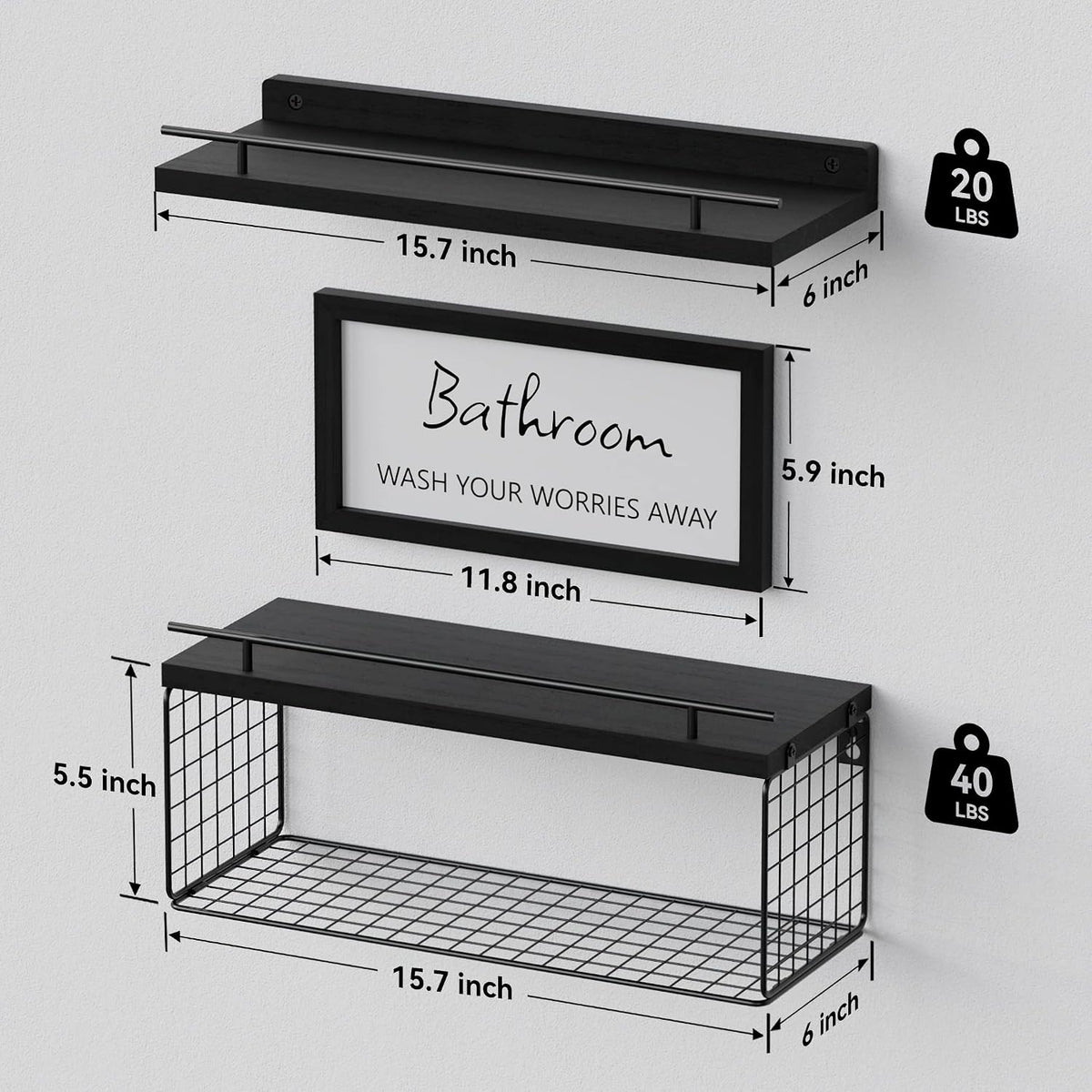 WOPITUES Floating Shelves for Bathroom Decor Art, Modern Black