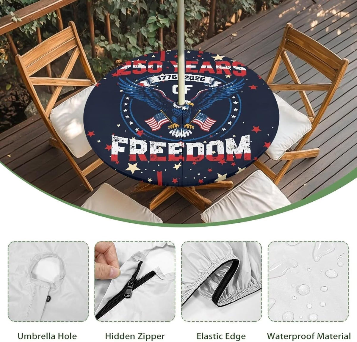 American Eagle Outdoor Round Tablecloth Waterproof Fitted Patio Table Cover with Zipper and Umbrella Hole Elastic Edge Wipeable Table Cloth for Garden Deck Fits 45-56 Inch Tables