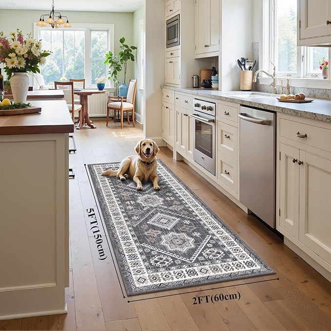 HEBE Washable Kitchen Rugs Runner 2'x 5', Non Slip Hallway Runner Rug, Low Pile - Image 2