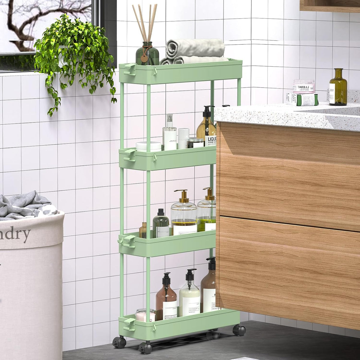 SPACEKEEPER Slim Rolling Storage Cart, 4 Tier Bathroom Cart Organizer,Green