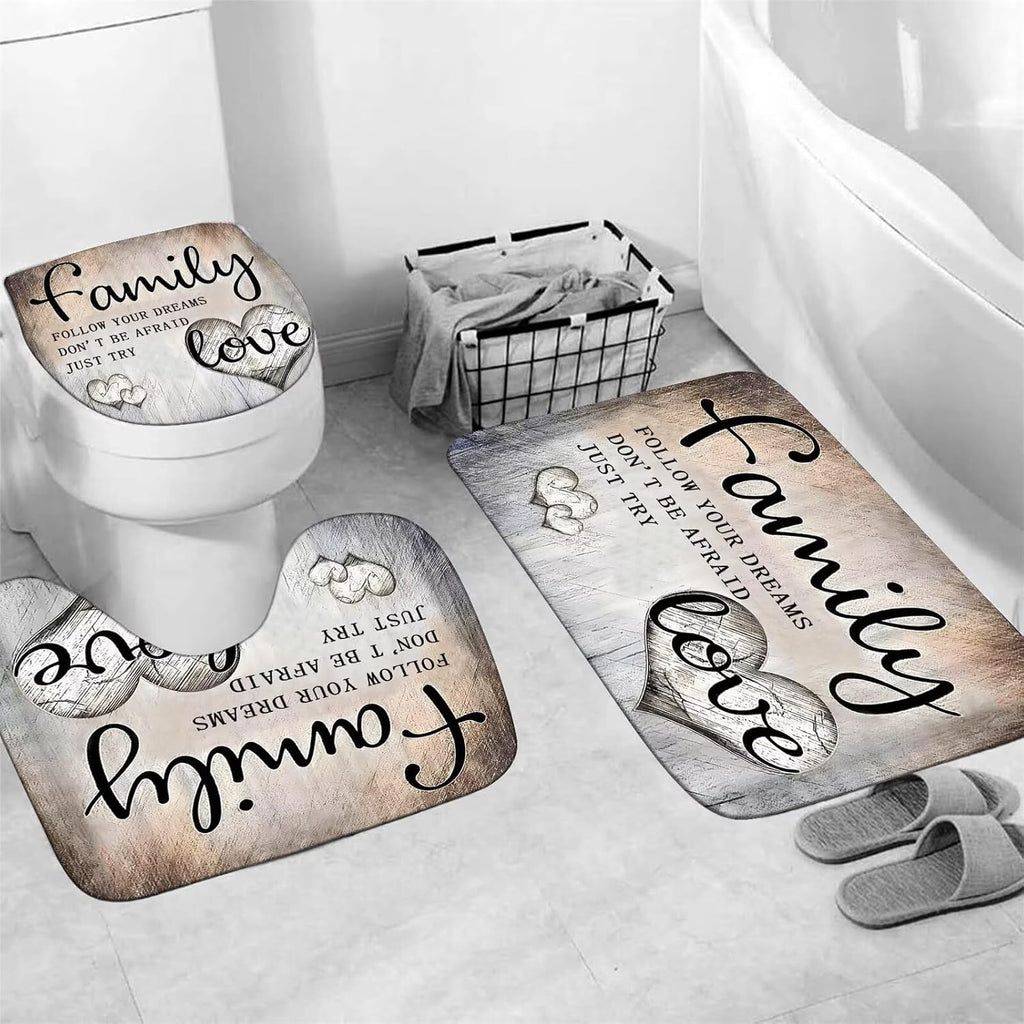 AZHM 4pcs Inspirational Quotes Shower Curtain Set with Rugs and Accessories