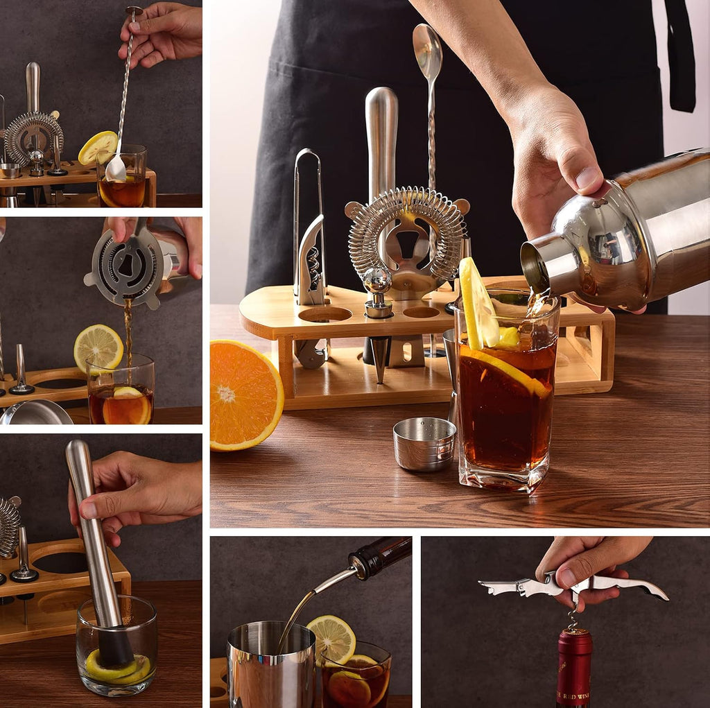 Cocktail Shaker Set Bartender Kit, 12-Pcs Bar Tool with Bamboo Stand