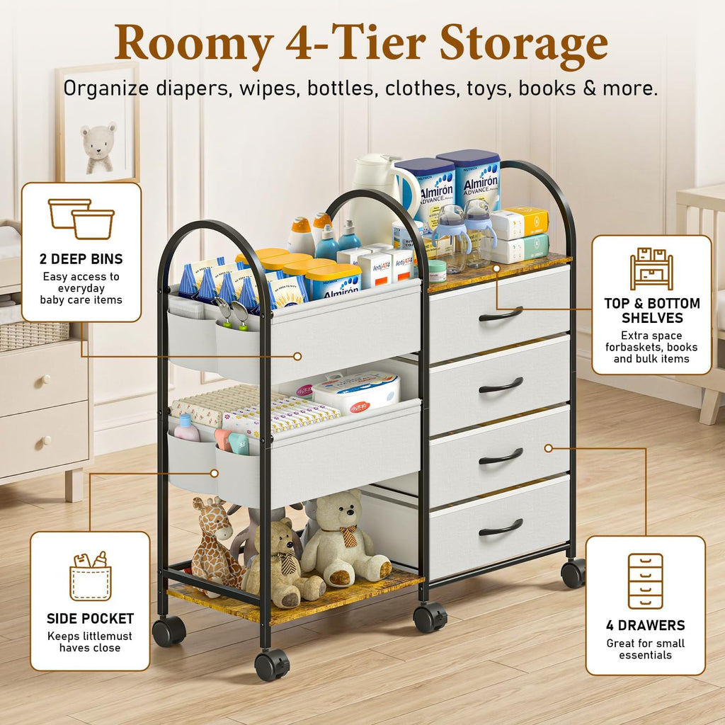 Baby Diaper Caddy Organizer Cart with Wheels, 4-Tier Rolling Diaper Cart with Dividers and Drawers, Multi-Layer Nursery Storage for Diapers & Baby Essentials