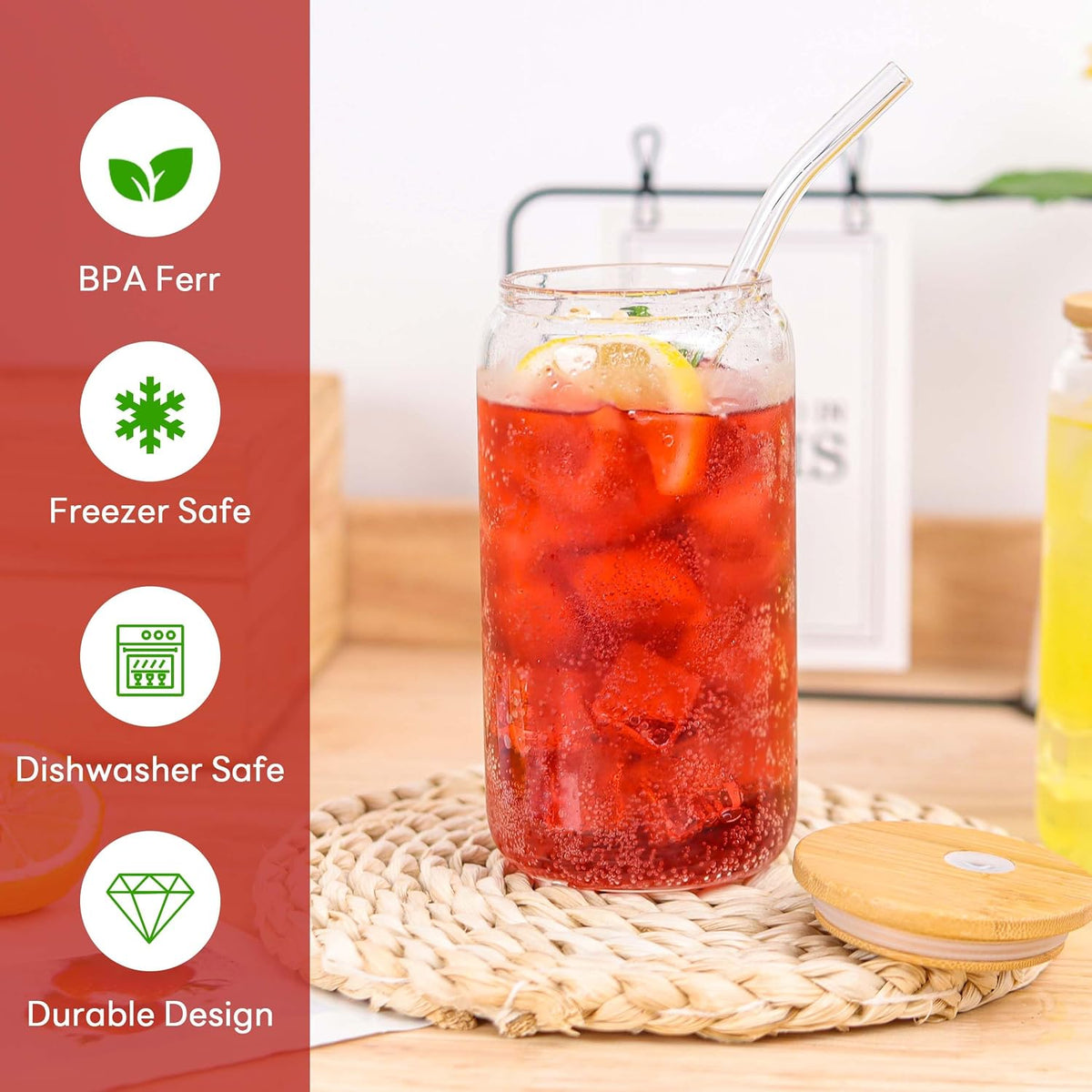 Joyclub 6pcs 16Oz Glass Cups with Bamboo Lids and Straws Drinking Glasses