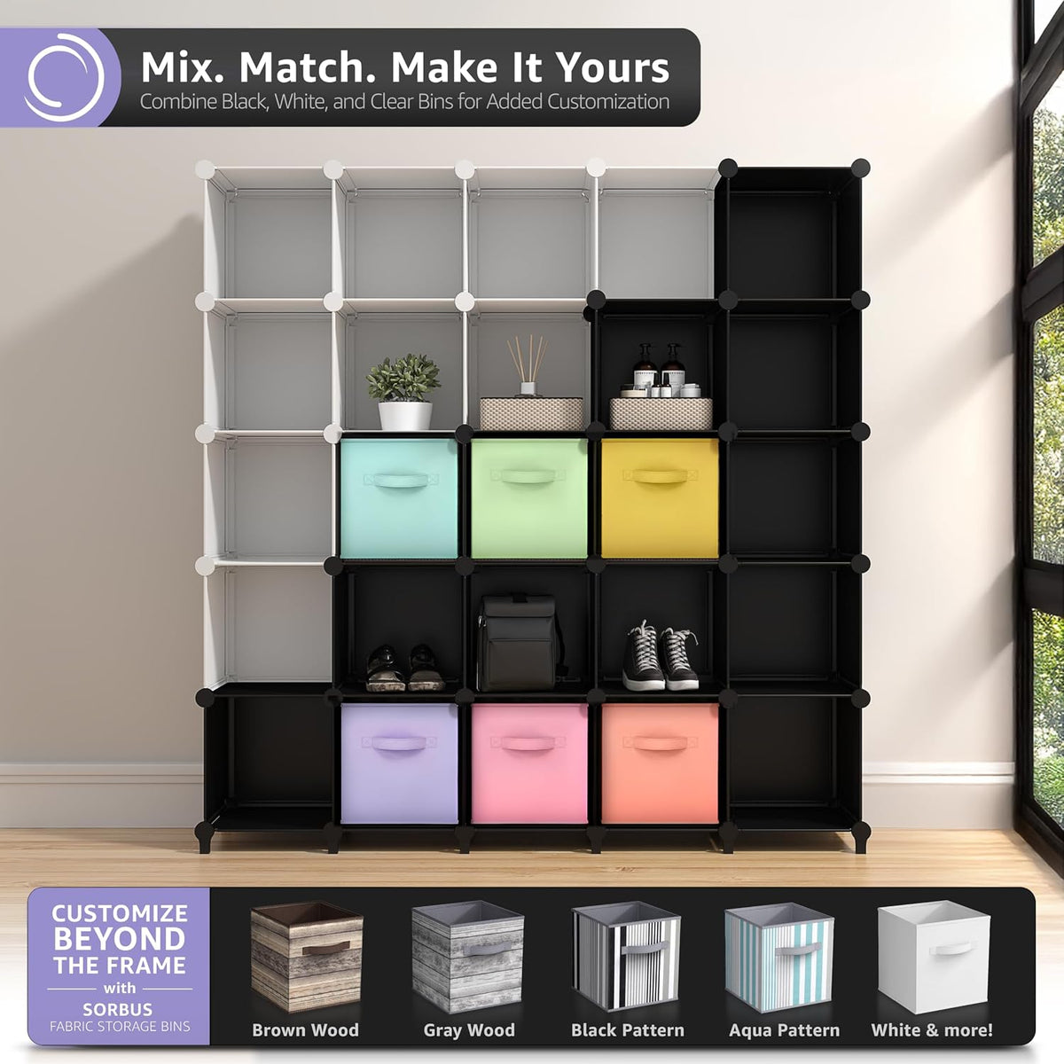 Sorbus 6 Cube Storage Organizer with 6 Fabric Bins (White)