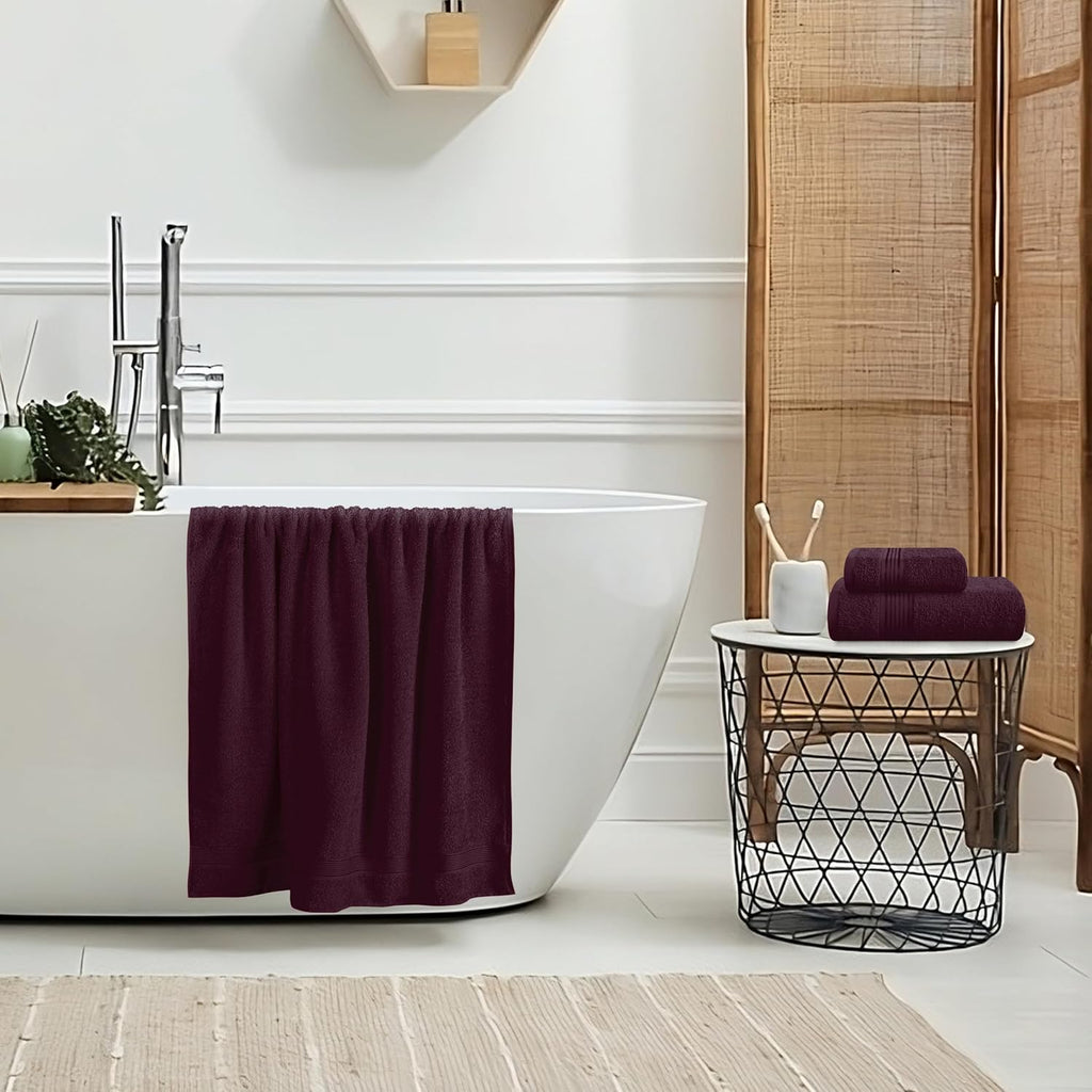 Ultra Soft 3 Pack Cotton Towel Set, Contains a Bath Towel 28x55 inch, a Hand Towel 16x24 inch & a Wash Coth 12x12 inch, Ideal Everyday use, Compact & Lightweight - Burgundy