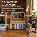 MyGift 2-Tier Solid Pine Wood CD Storage Rack – Dark Burnt Finish Desktop Organizer for 48 CDs, Rustic Space-Saving Media Display Shelf for Home and Office