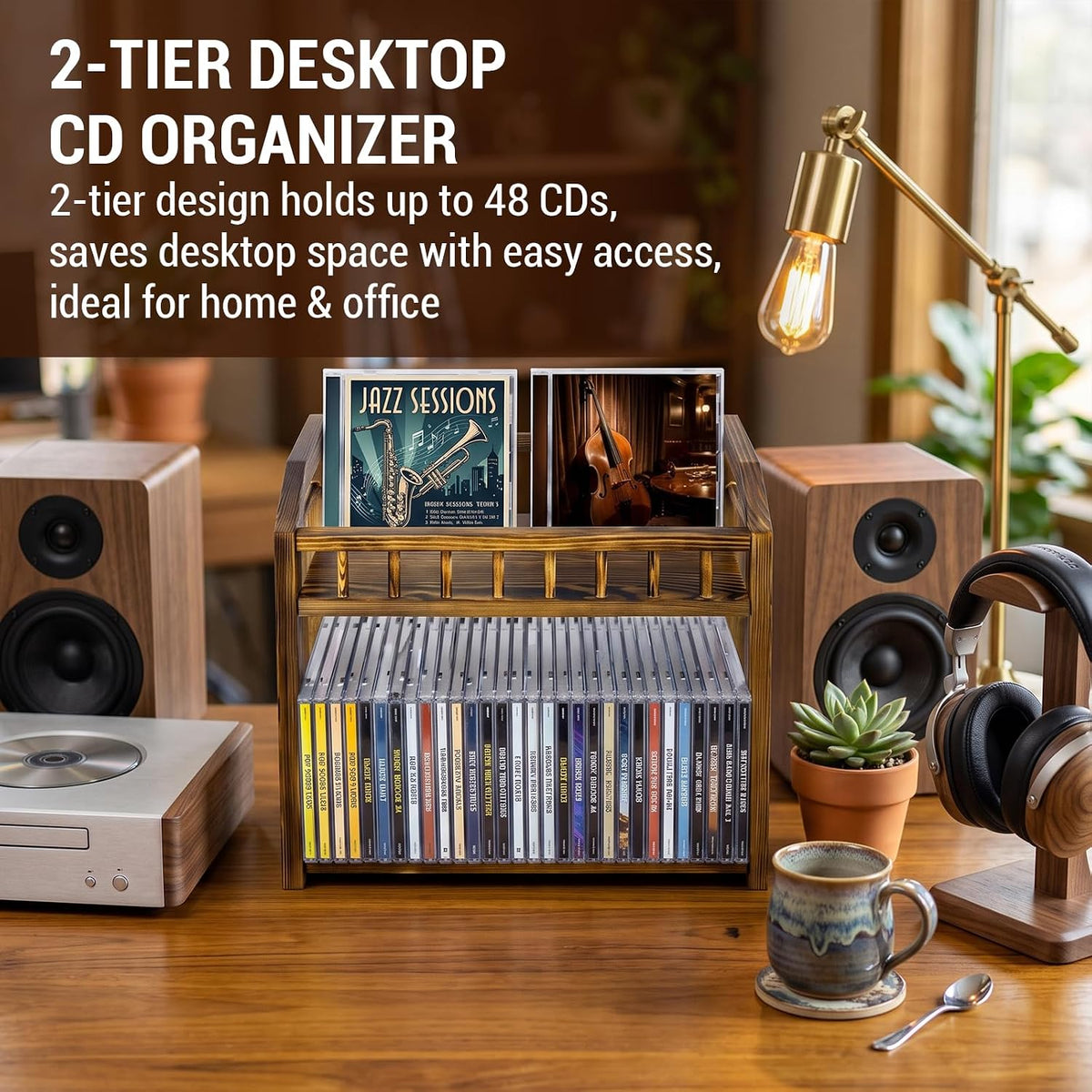 MyGift 2-Tier Solid Pine Wood CD Storage Rack – Dark Burnt Finish Desktop Organizer for 48 CDs, Rustic Space-Saving Media Display Shelf for Home and Office