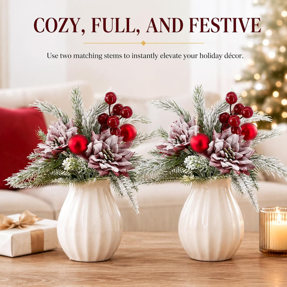 2 Pack Christmas Bouquet Red Winter Artificial Flowers Xmas Decor