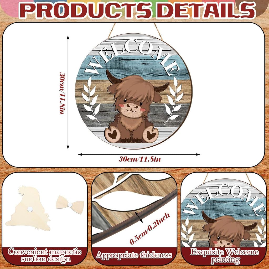 Glikceil 33 Pcs Holiday Interchangeable Highland Cow Wood Welcome Sign