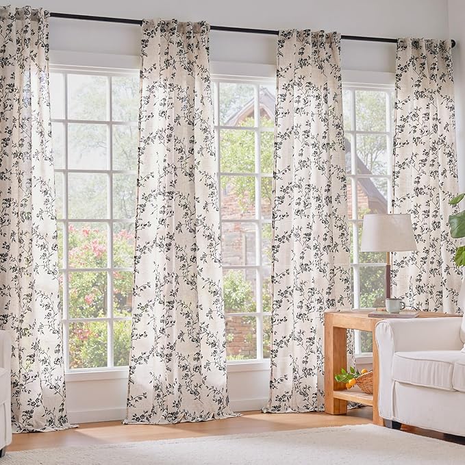 Lazzzy Black Floral Linen Curtains 96 Inch Farmhouse Back Tab Drapes - Image 6