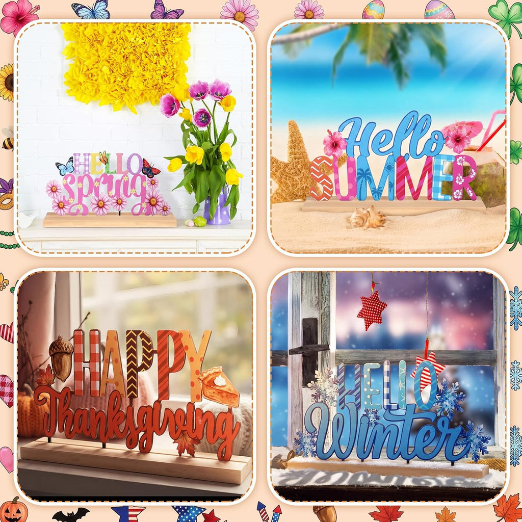 Chunful 13 Pcs Interchangeable Holiday Metal Table Signs with Wooden Base