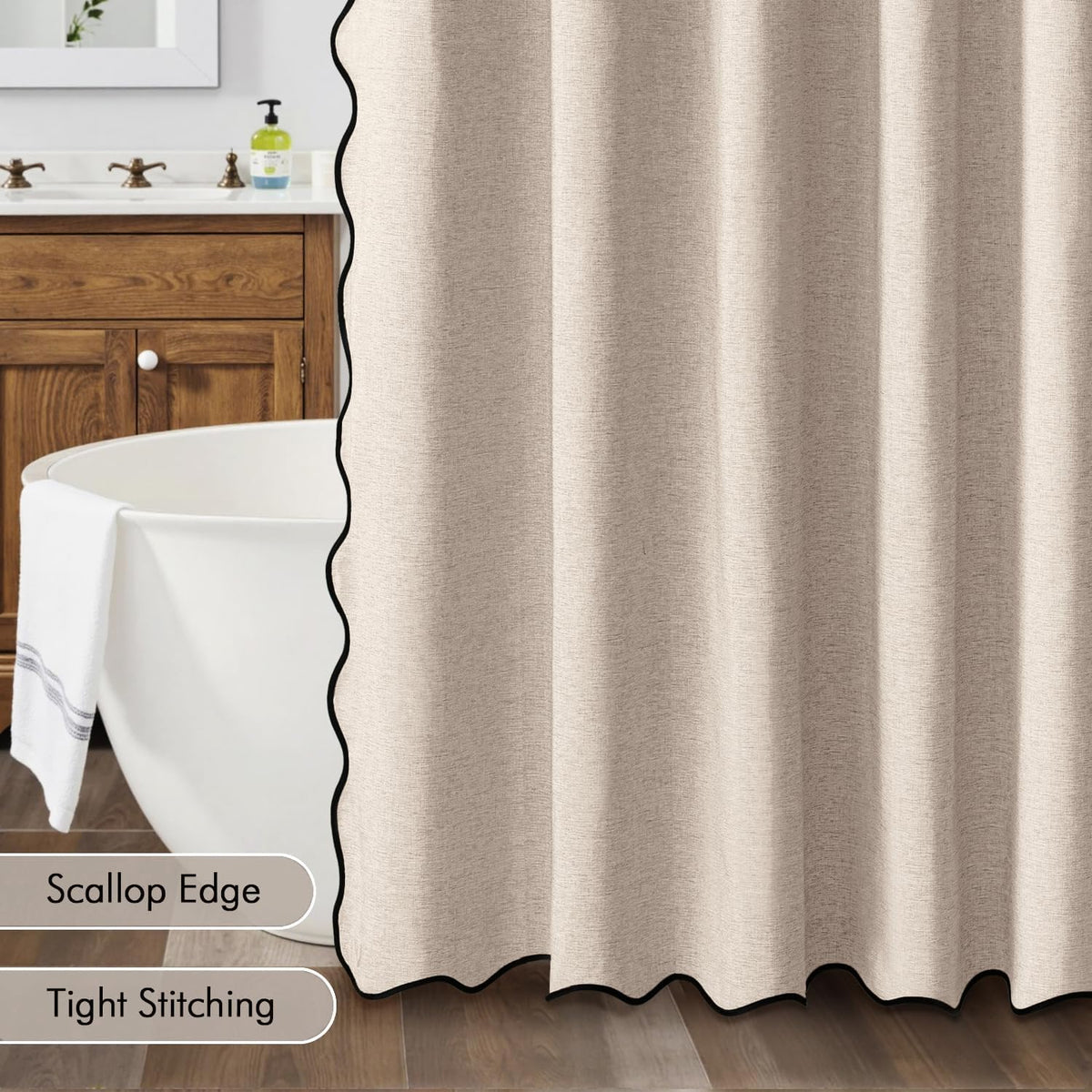 MIULEE Beige Scalloped Linen Shower Curtain 72x72 Inches