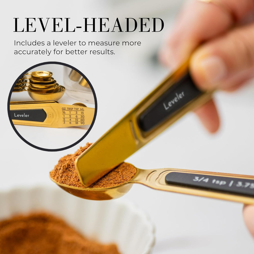 Gold Magnetic Measuring Spoons with Leveler - Featuring 8-Piece Upgraded Style, Dual-Sided, Stackable, Stainless Steel Gold Measuring Spoons Set - Fits in Spice Jars, Luxury Kitchen Accessories
